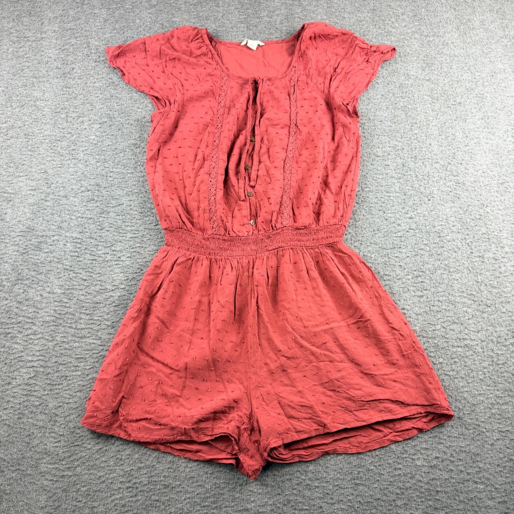 Aeropostale Women's S Small Rust Red Swiss Dot Lace Trim Button Front Romper